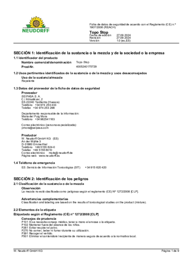 Neudorff Topo Stop Sicherheitsdatenblatt 2024-09 es-ES